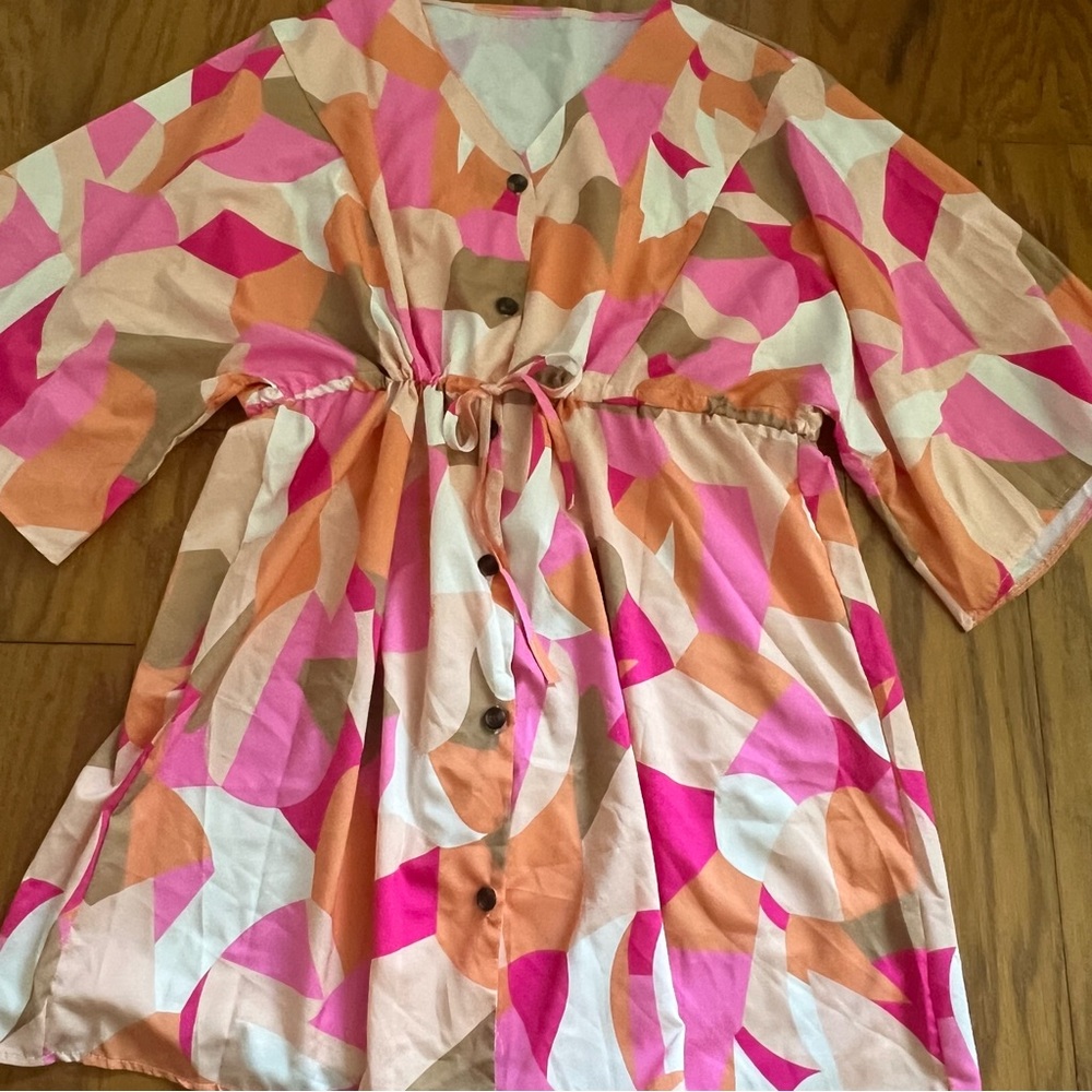 Colorful Abstract Button-Down Shirt Dress Tunic Top 3XL XXXL Multi swim cover up - Picture 2 of 10